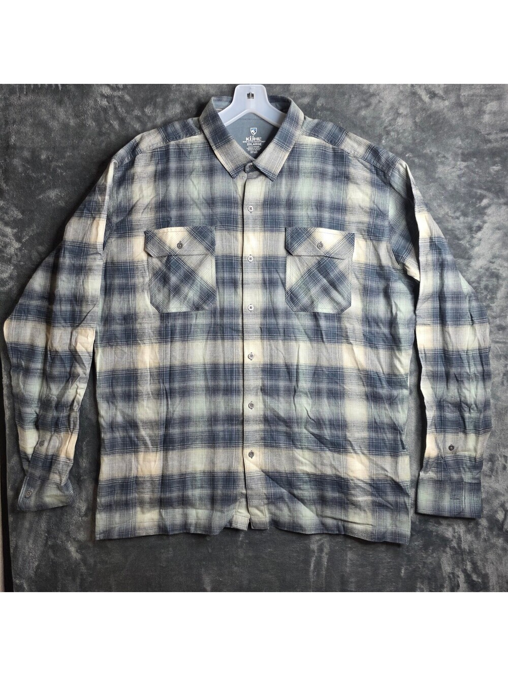 KUHL Dillingr Flannel Mens XXL Blue Plaid Metal Buttons Pockets Durable 7186